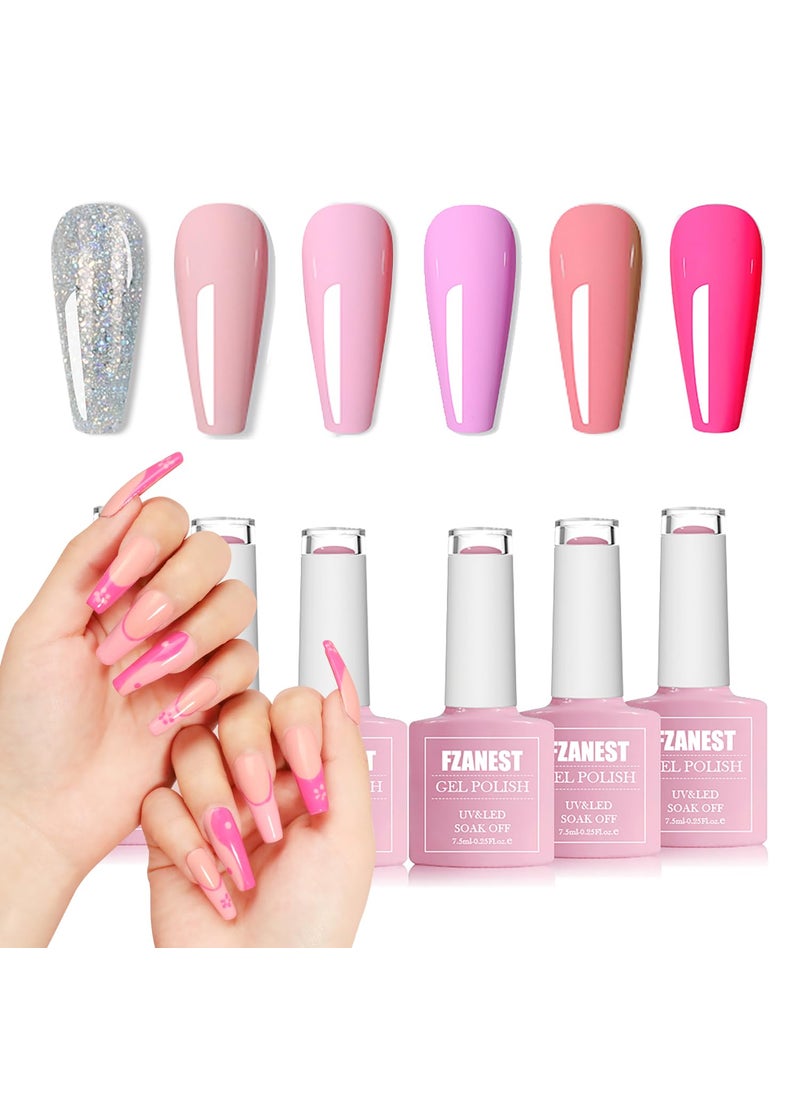 FZANEST Gel Nail Polish Set,Ligh Pink Neon Pink Sliver Glitter Gel Polish Nail Kit Soak Off Nail Polish Home DIY Manicure Nail Salon Varnish Spring Summer Colors