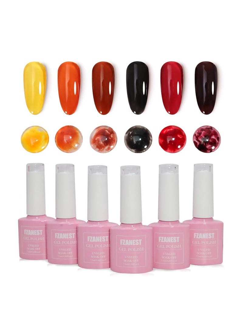FZANEST Fall Gel Nail Polish Colors Set,Jelly Brown Gel Polish Nail Crystal Transparent Yellow Orange Blood Red Dark Wine Gel Polish Kit Manicure DIY Nail Art Home Salon for Women