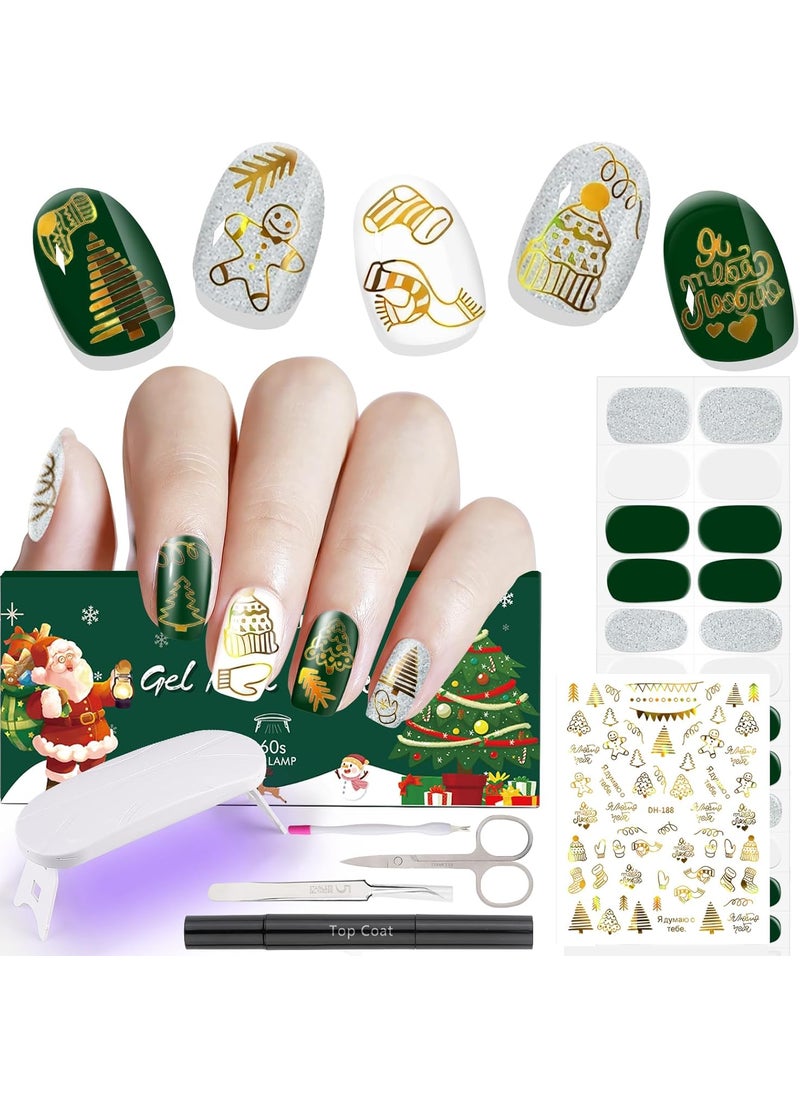 EBANKU Christmas Semi Cured Gel Nail Strips with UV Light, Christmas Gingerbread Man Tree 3D Nail Art Decals, 24PCS UV Gel Nail Stickers Set with Top Coat, Nail Tools for DIY Decoration