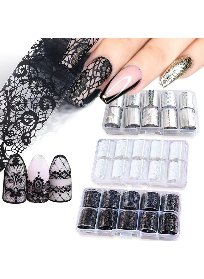 Nail Foil Transfer, DANNEASY 30 Roll Black White Laser Lace Nail Foils Retro Nail Stickers Holographic Nail Art Foil Transfer Starry Sky Nail Design Stickers Nail Decals for Women Kids