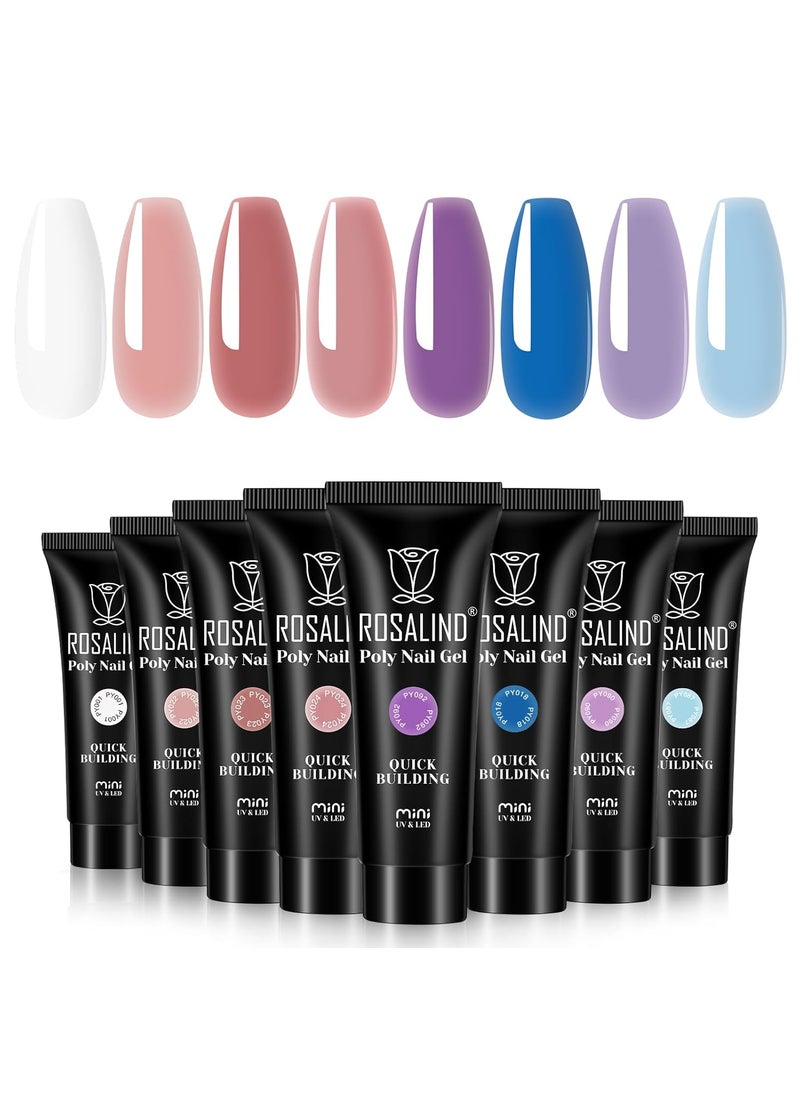 ROSALIND Poly Nail Gel Set, 8 Colors Blue Purple Poly Extension Gel Nail Set, Nude White Poly Nail Gel Kit Builder Gel Extension Kit for Nail Art Easy DIY Gift for Women