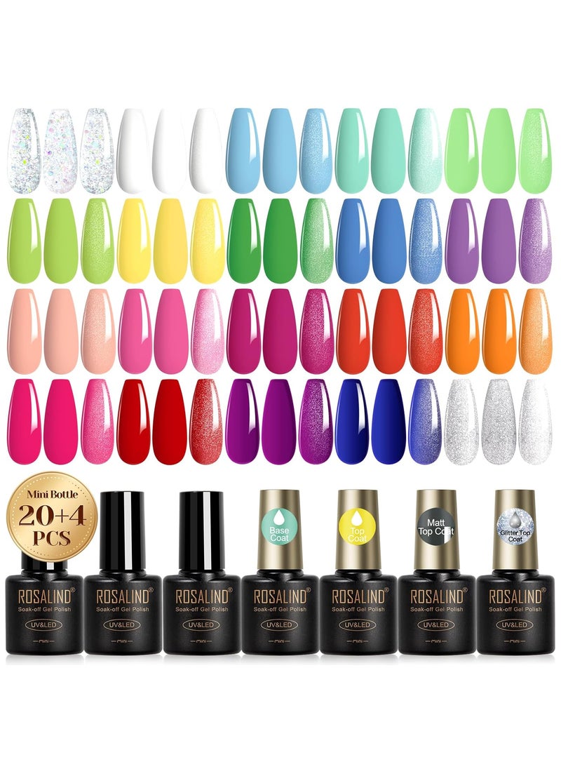 ROSALIND 24Pcs Neon Gel Nail Polish Set with Gel Base and Matte Glossy Glitter Top Coat, Bright Neon Colors Nail Gel Polish Soak Off UV Manicure Rainbow Nail Art