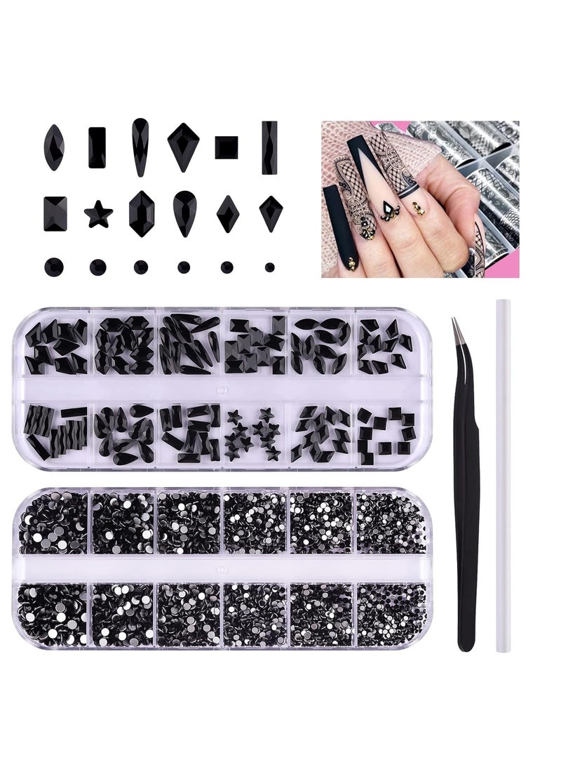 3120Pcs Black Nail Charms EBANKU 3D Black Nail Rhinestones Crystal Jewels Diamond Gems for Nail Decorations with Wax Pen Tweezers