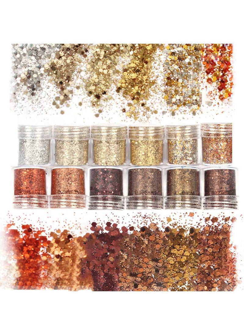 Laza Autumn Nail Glitter, 12 Colors Acrylic Nails Art Glitter Powder Sequin, Retro Copper Iridescent Flake Paillette Sparkle Tip 120g for Gel Polish, Face, Eyes, Body, Hair, Jewelry, Resin -Golden Age