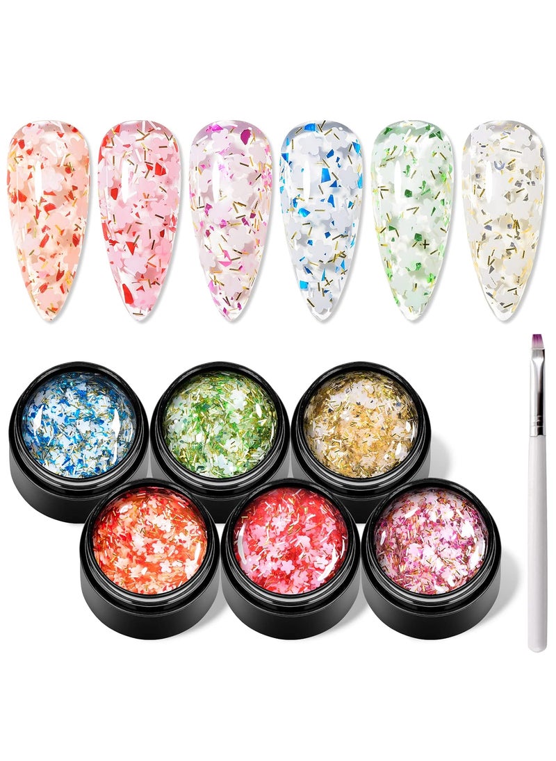 Flower Glitter Gel Nail Polish Set - 6 Pcs Diamond Sequins Style Gold Blue Green Clear Pink Jelly Gel Nail Polish Set with Flower, Crystal Transparent Gel Polish Nail Art Manicure Kit