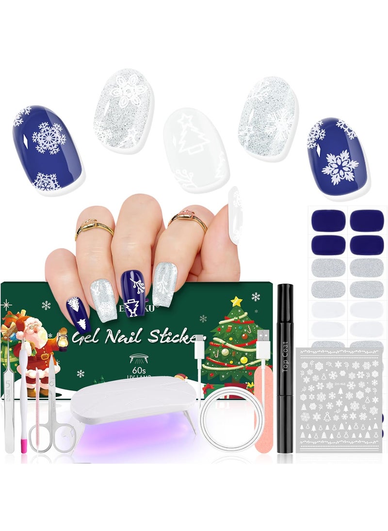EBANKU Semi Cured Gel Nail Strips with UV Nail Light, Christmas Winter Snowflake 3D Nail Art Decals, 24PCS Christmas Holiday Gel Nail Stickers Kit with Top Coat, Nail Tools for DIY Decoration