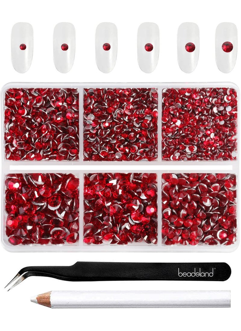 Beadsland 4300pcs Flatback Rhinestones,Red Rhinestones Nail Gems Round Crystal Rhinestones for Crafts,Mixed 6 Sizes with Picking Tweezers and Wax Pencil Kit, SS6-SS20, Siam