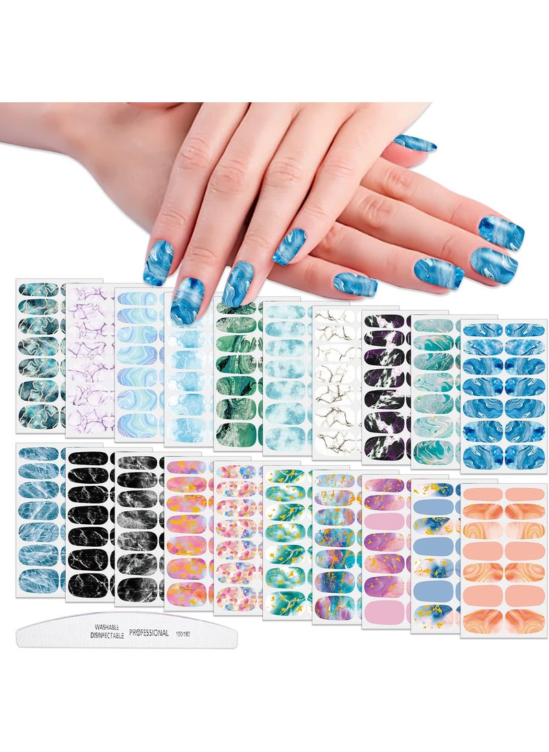 WOKOTO 20 Sheets Colorful Marble Pattern Nail Polish Strips With 1pc Nail File Nail Art Stickers Decals Full Nail Wraps For Women Girls Gradient Mix-Color Nail Polish Stickers Manicure Accessories