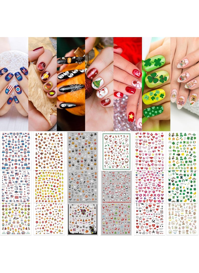Whaline 18 Sheets All Holiday Nail Art Stickers Valentine's Day Nail Decals All Season Fall Christmas Winter Valentine 4th of July Self-Adhesive Nail Decals for Xmas DIY Manicure Party Decor