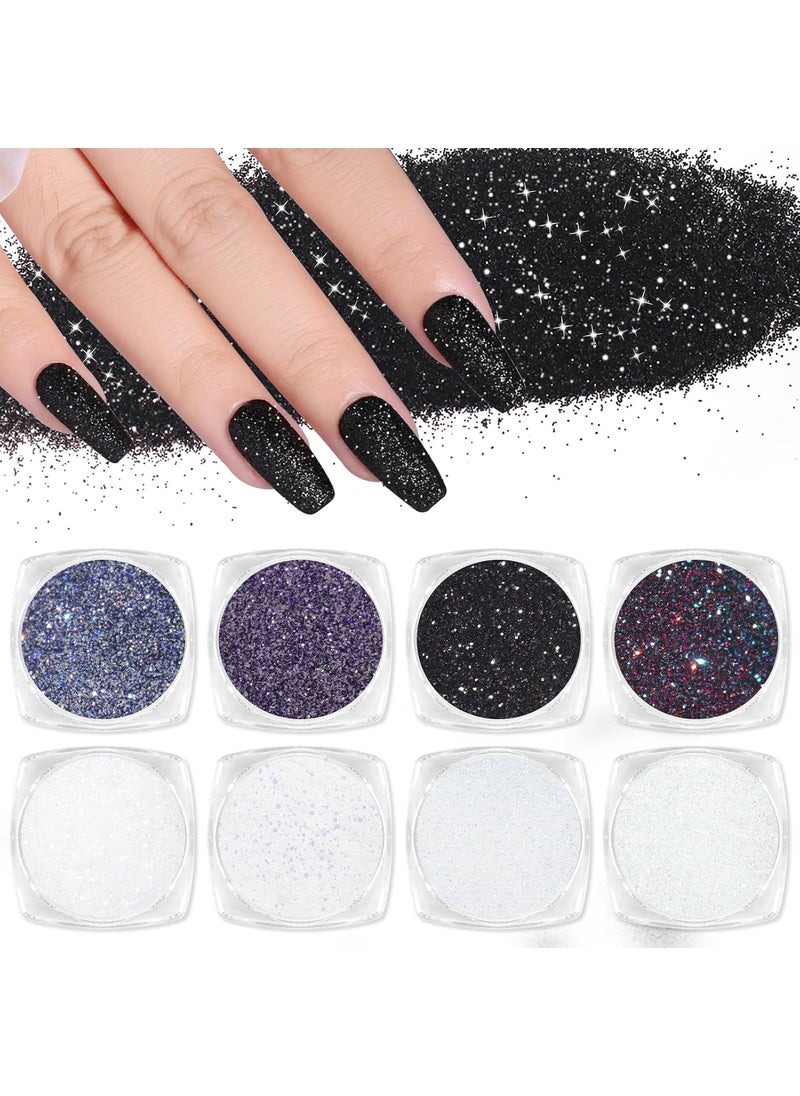 Laza 8 Colors Nail Glitter Powder Shining Sugar Effect Glitter Black White Dust Sand Powder Candy Coat Manicure Nail Art Decoration for Nail Art Tips Decoration DIY Crafts