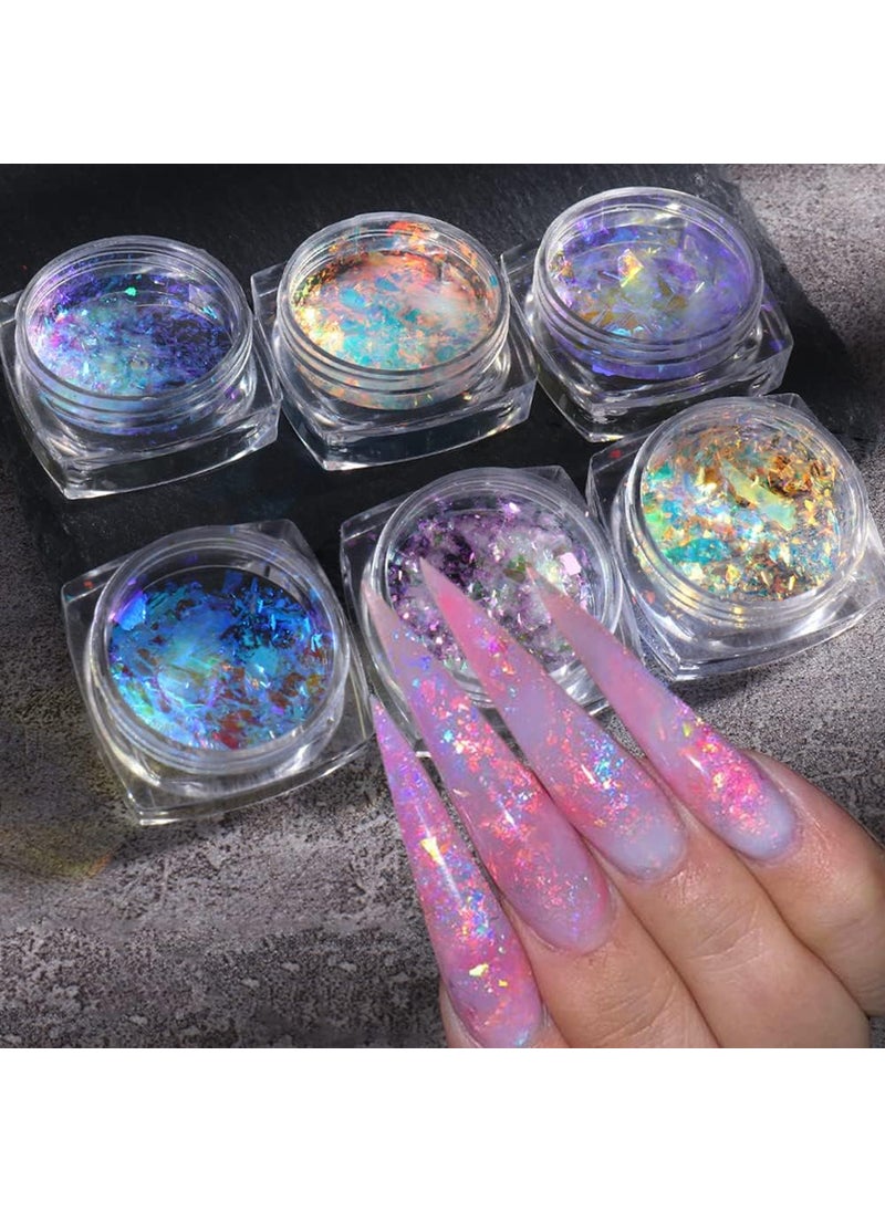 Holographic Nail Art Glitter Iridescent Flakes Powder,5 Boxes Nail Foil Colorful Fluorescent Glass Paper Chameleon Ice Crystal Mermaid Paillettes Sparkly Sequins Design for Summer Nail Art Decoration