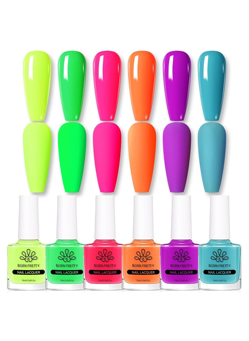 Born Pretty Neon Nail Polish Set, 6 Bright Colors Quick Dry Nail Polish Hot Pink Orange Yellow Green Blue Purple Spring Summer Nail Polish 10ml 0.34oz Fluorescent Nail Lacquer Glossy Nail Polish Set