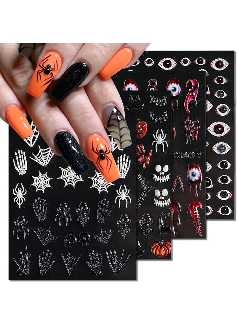 Halloween Nail Stickers 5D Self Adhesive Realistic Eyes Bone Spider Embossed Sliders Gel Polish Engraved Nail Decal Halloween Skull Ghost Pumpkin Spider Bat Nail Art Decoration Supplies 5 Sheets