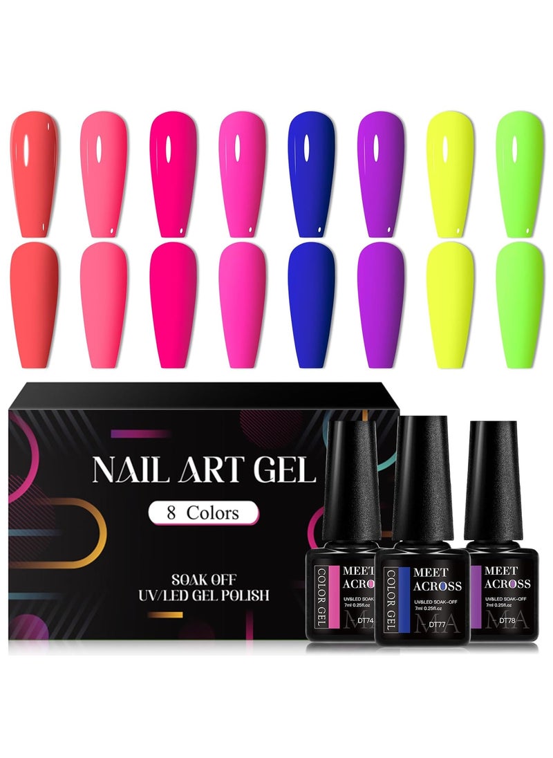 MEET ACROSS Neon Gel Nail Polish Set, 8 Colors Fluorescent Hot Pink Orange Blue Yellow Green Purple Red Rose Spring Summer Nail Polish Kit for Halloween