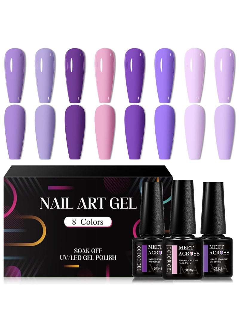 MEET ACROSS Purple Gel Nail Polish Set, 8 Colors Purple Pastel Pink Lavender Gel Polish Soak Off Grape Lilac Violet Gel Nail Art Manicure DIY Salon