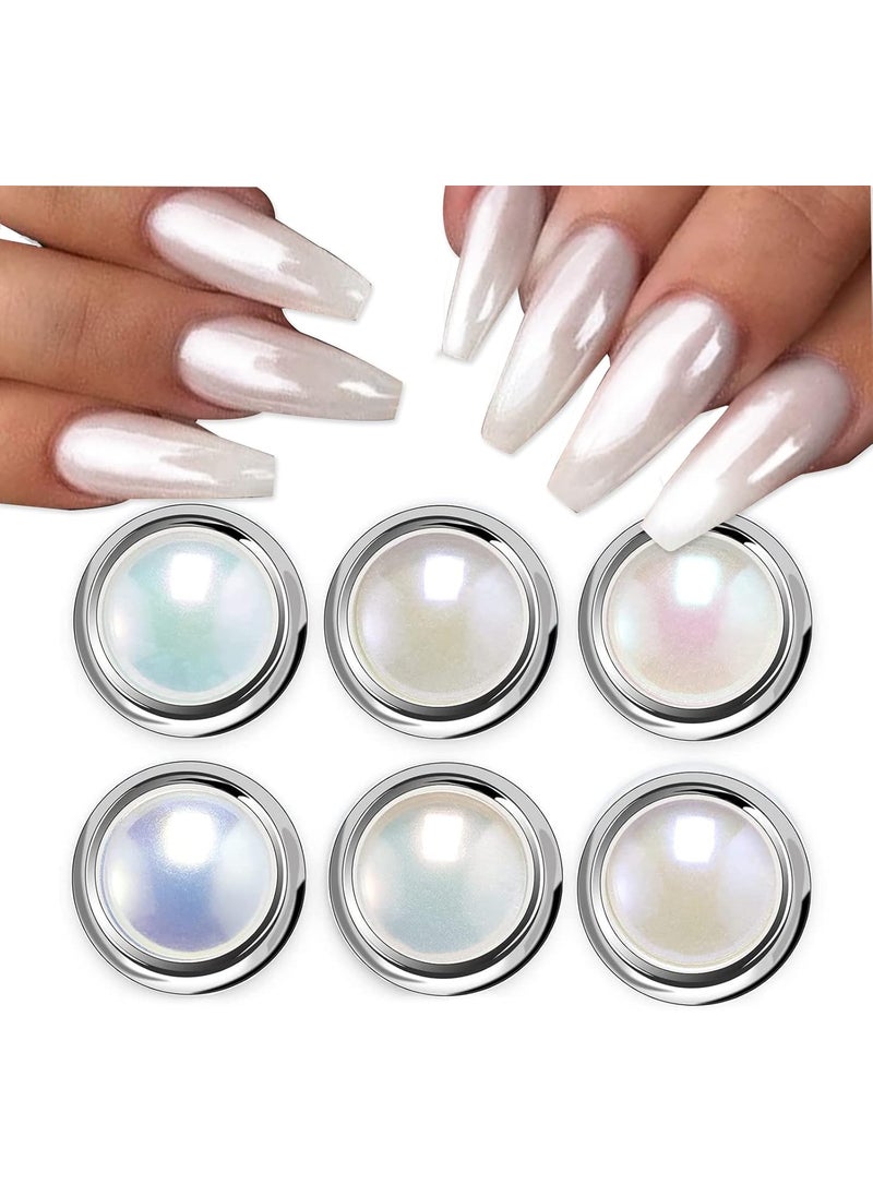 White Pearl Chrome Nail Powder, Aurora Ice Shimmer Nail Art Powder Pearlescent Nail Jewelry Glitter Powder Symphony Mermaid Pearl Neon Nail Powder, Mirror Effect Nail Powder for DIY Salon 6 Boxes