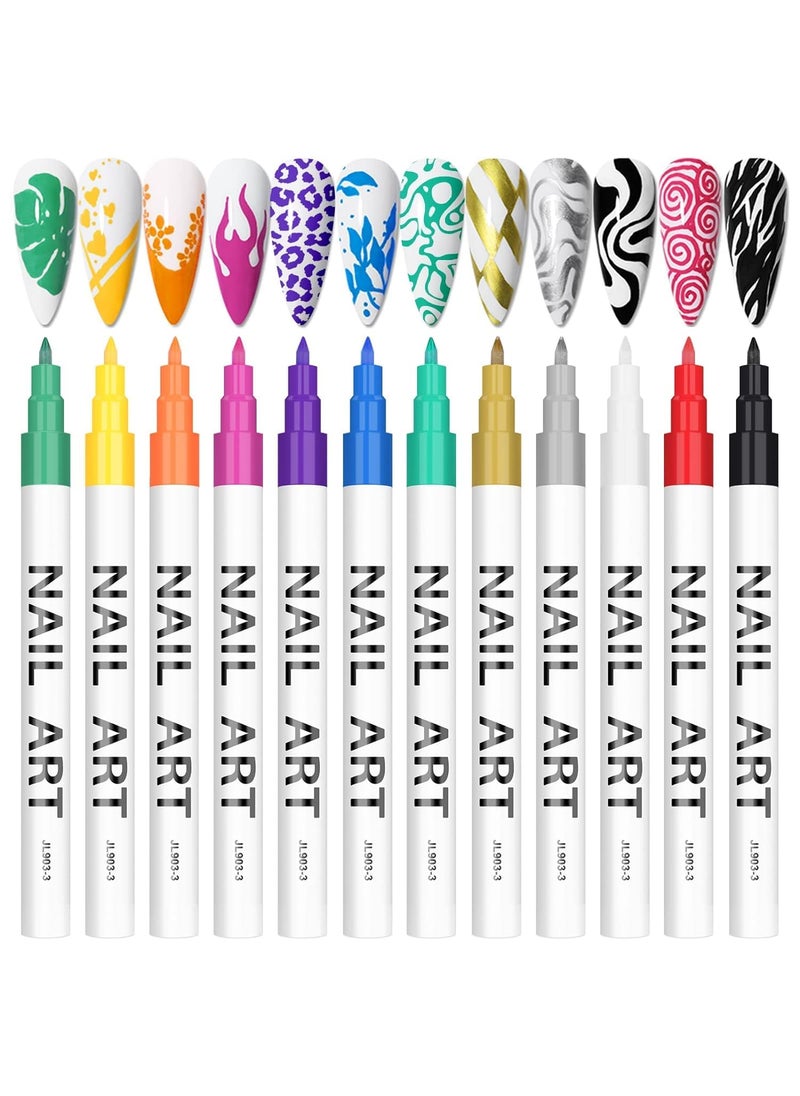 12 Color 3D Nail Art Pens Set, Kalolary Nail Pens Nail Point Graffiti Dotting Pen Drawing Painting Liner Brush for DIY Nail Art Beauty Adorn Manicure Tools