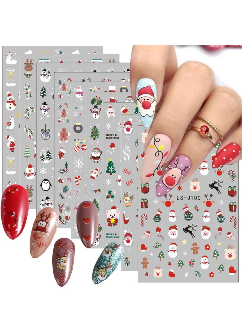 9Sheets Christmas Nail Stickers 3D Self-Adhesive Nail Decals Kawaii Santa Claus Tree Elk Snowman Snow Cartoon Cute Nail Design Xmas Winter Nail Art Sticker for Women DIY New Year Nail Art Decorations