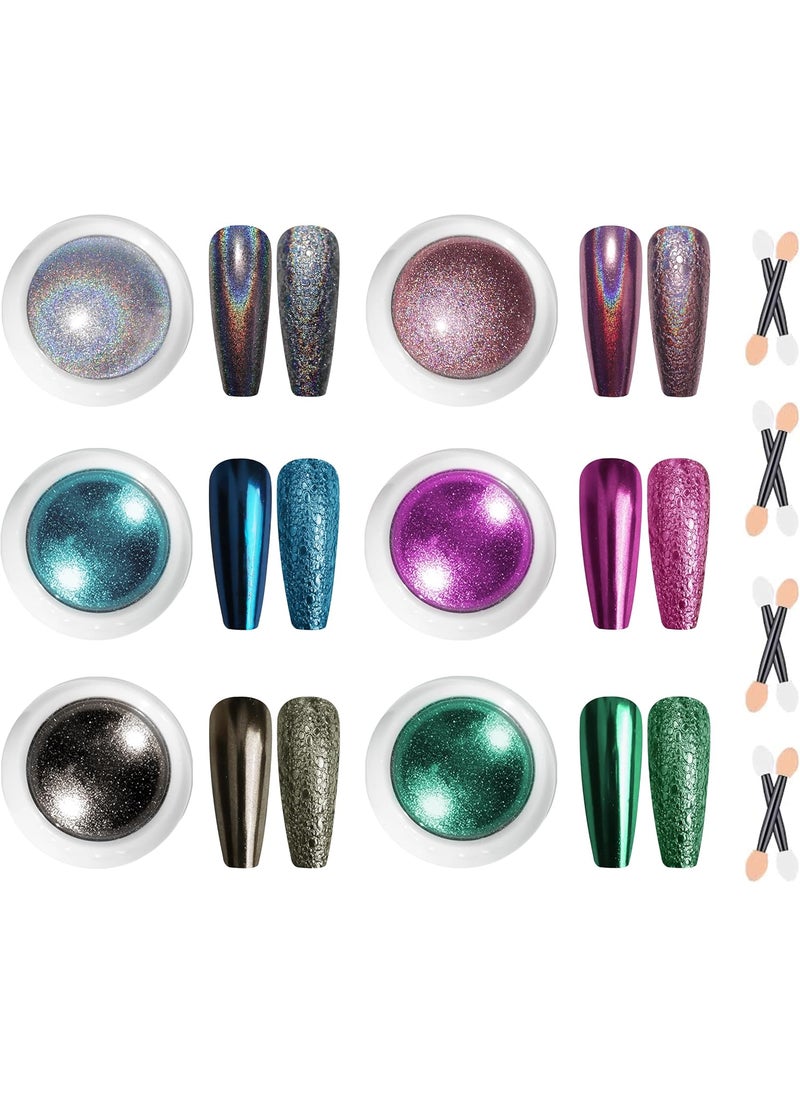 Chrome Nail Powder 6 Boxes Metallic Mirror Effect Nail Art Powder, Holographic Pigment Glitter Dust for Gel Polish Manicure Decoration with 6 Eyeshadow Sticks