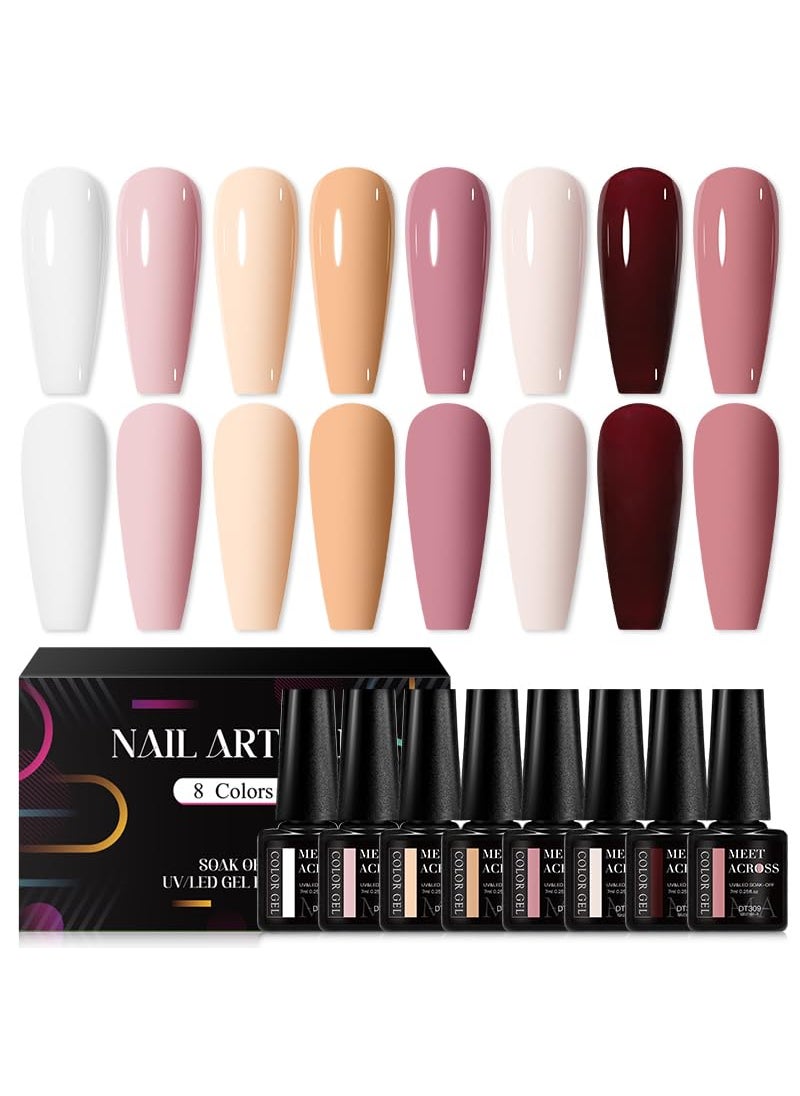 MEET ACROSS 8PCS/SET Gel Nail Polish Kit, Nude Gel Polish Color Gel Neutral Nail Art Design Gel Nail Kits Soak Off UV Nail Lamp Cured Nail Manicure DIY Home for Women
