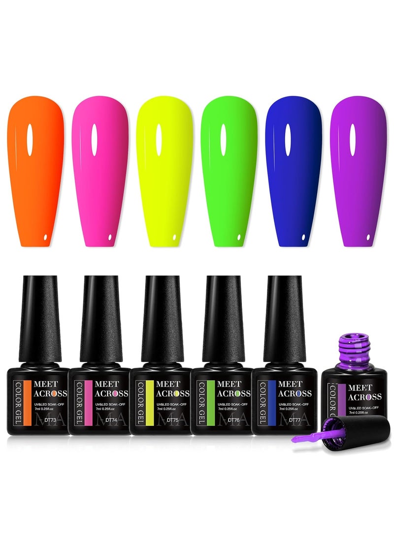 MEET ACROSS Neon Gel Nail Polish Set, 6 Colors Orange Yellow Green Blue Hot Pink Red Purple Spring Summer Fluorescent Gel Polish Home DIY Manicure Gift for Girls Women