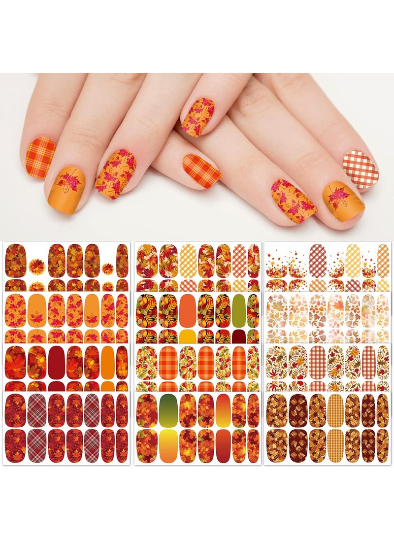 TailaiMei 12 Sheets Fall Nail Wraps Stickers Autumn Nail Polish Strips Self-Adhesive Full Wraps with 2 pcs Nail Files for Thanksgiving Day DIY Nail Decals (Leaves Style)