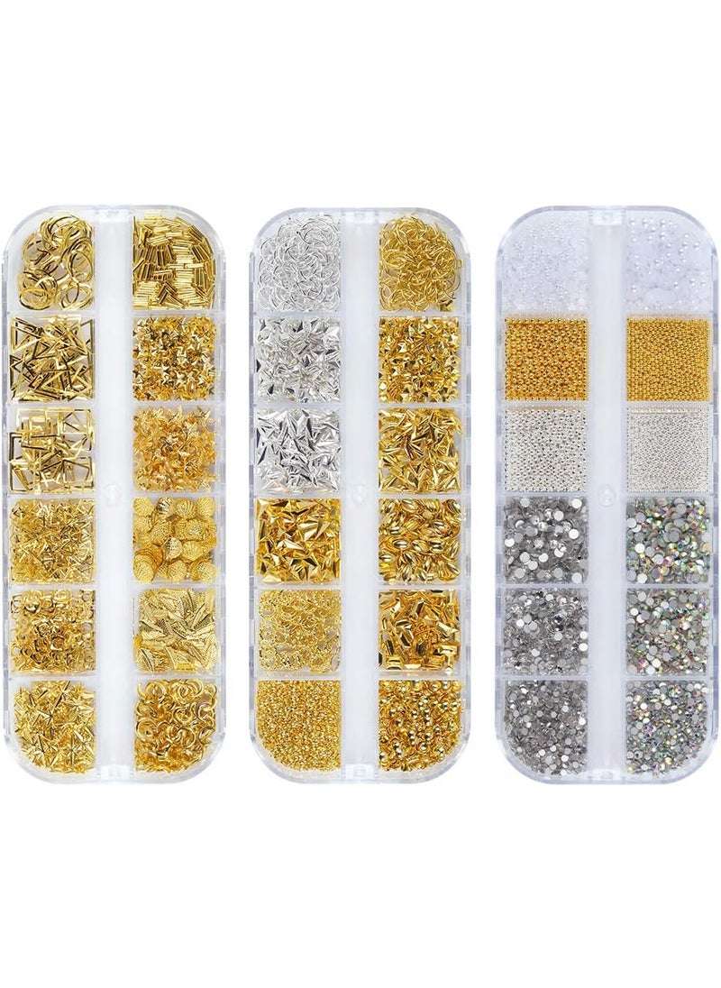 36 Grids Nail Studs Gold Metal Nail Art Rivets Star Moon Beads 3D Nail Charms Rivet Punk Jewels Nail Art Supplies for Manicure DIY Nail Crafts Decoration 3 Boxes