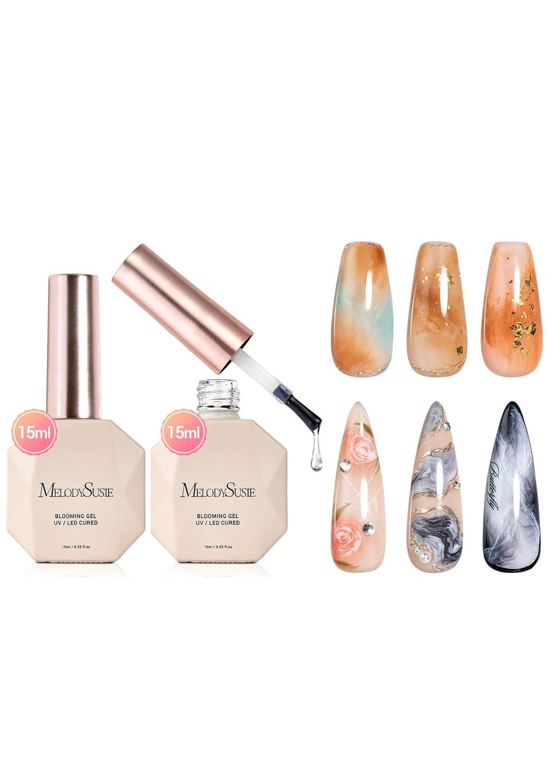 MelodySusie 2PCS Clear Blooming Gel for Nail Design, Marble Watercolor UV Gel Nail Polish, Spreading Effect Sheer Painting Gel Nail Art Supplies, Nail Salon Manicure at Home for Women, 0.53 Fl Oz