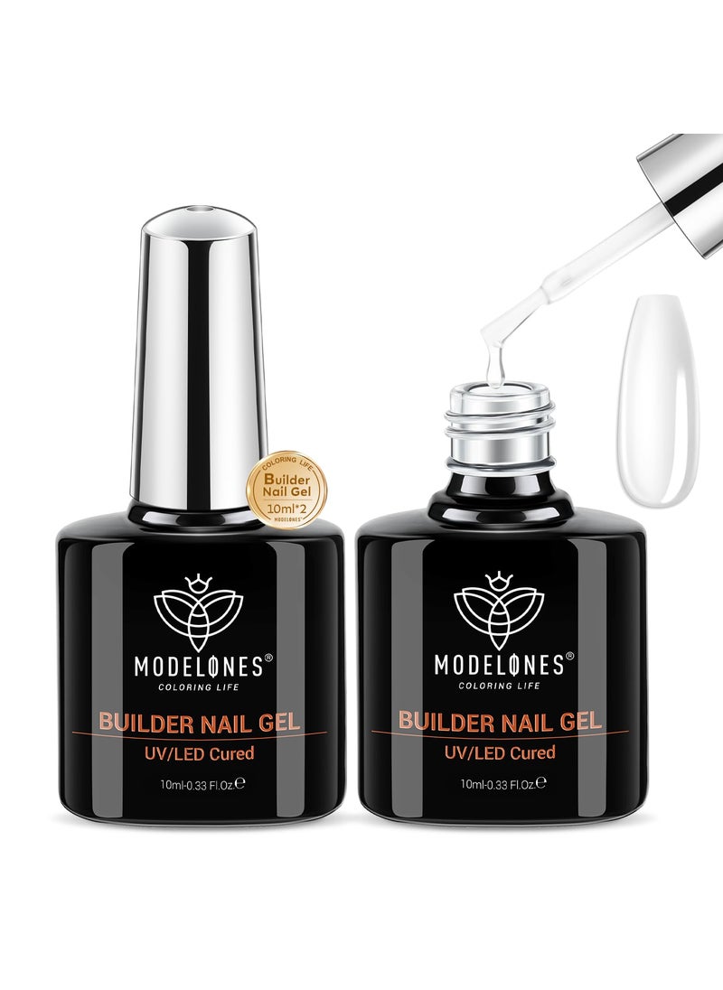 modelones Builder Nail Gel, 2 Pcs Clear Builder Nail Polish for Thickening Strengthener Apex Building Extension Rhinestone Glue Gel Polish in a Bottle for DIY Home Salon Gifts 10ml LED Lamp Cured