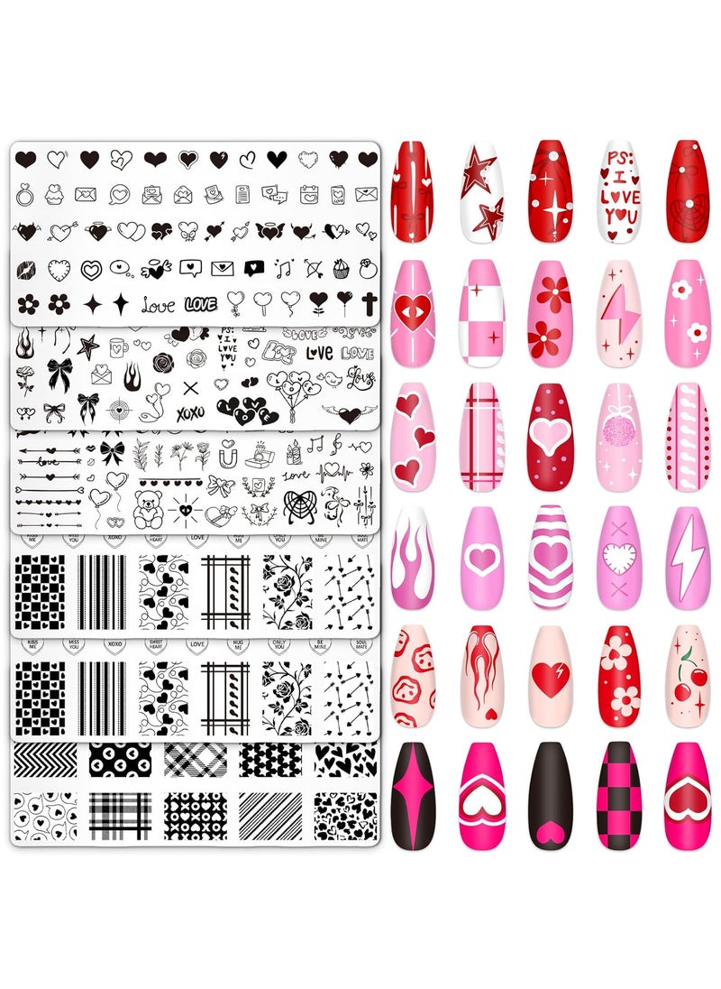 Whaline 6Pcs Happy Valentine Nail Plates Stamping Set Love Heart Stamp Templates Nail Art Plates for DIY Print Manicure Salon Design