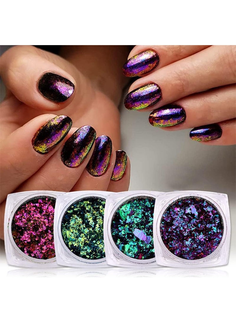 Colorful Nail Glitter Powders Chameleon Holographic Nail Art Foil Flakes Nail Sequins Irregular Glitter Nail Foil Paillette for Nail Decoration 4 Boxes