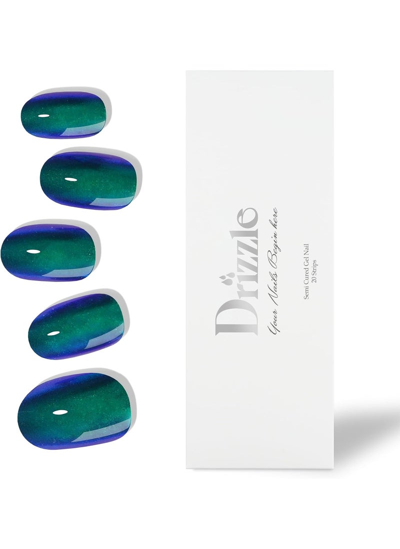 Drizzle Semi Cured Gel Nail Strips,Real Nail Polish Art Stickers(UV/LED Light Required),Glossy,Glitter,Solid Color,Full Wraps Long Lasting Waterproof,Nail Strips Decal for Women (Emerald Glaze)