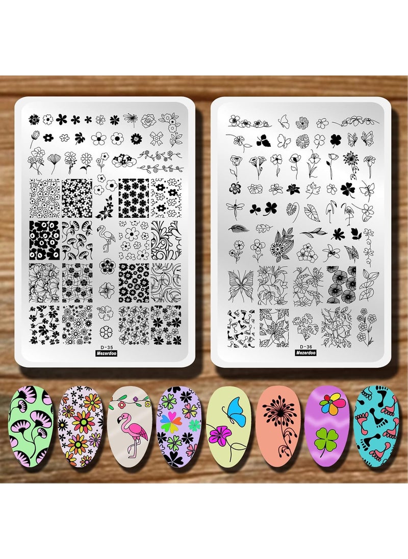 Flowers Leaf Nail Stamping Plates 2pcs Large Nail Stamper Plate Daisy Flower Flamingo Butterfly Image Stamp Templates Reusable Stencils Clover Plantillas Manicure Stamping Plate Template for Girls