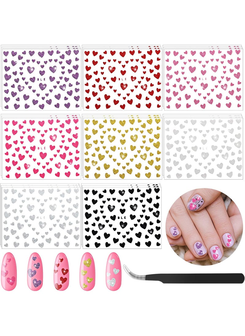 24 Sheets Heart Nails Decals Valentines Day Heart Nail Stickers Love Adhesive Nail Art Shiny Manicure Stickers with Black Tweezer for Women Nail Salons DIY Decoration(Popular Color)