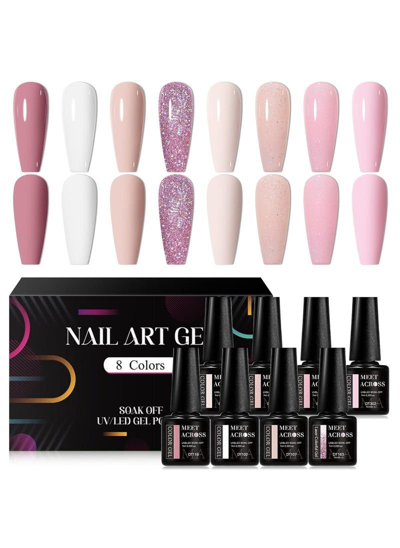 MEET ACROSS Gel Nail Polish Set, 8 Colors Nude Pink Milky White Gel Polish Set Peach Pink Skin Tones Neutral Nail Polish Barely Pink Soak Off LED Starter Kit Popular Nail Art DIY Manicure Gifts