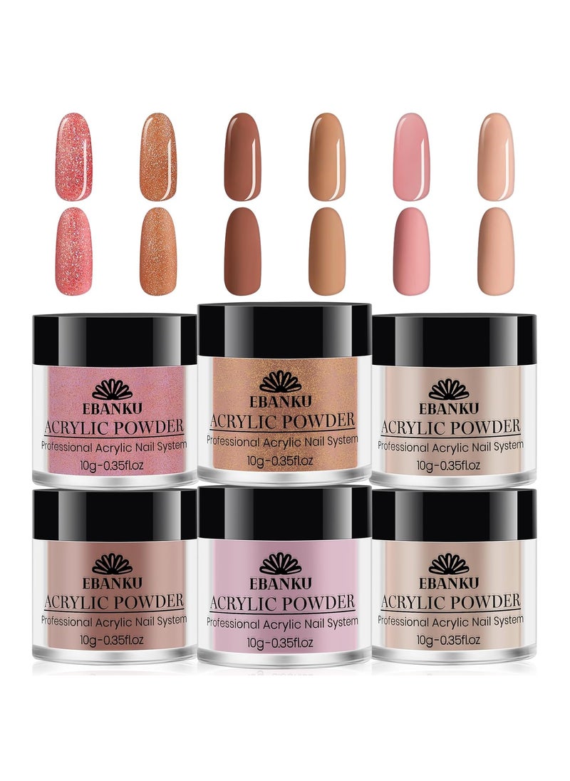 EBANKU 6 Colors Acrylic Powder, Nude Acrylic Nail Powder Glitter Brown Acrylic Powder for Nail Acrylic French Extension 3D Nail Carving, Long-Lasting, No Nail Lamp Needed, 6 * 10g/0.35oz