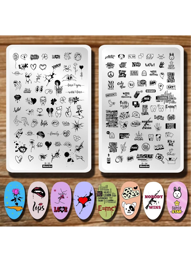 Heart Nail Stamping Plate Kit with 2pcs Large Templates - Love, Flower, Animal, Word Designs - Perfect for Ghost & Halloween Nail Art
