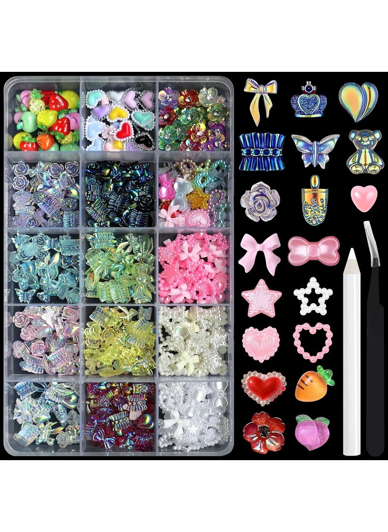 AddFavor Nail Charms Kit 3D Assorted Bow Nail Charms and Gem Pearls Bows Flower Nail Charms Heart Butterfly Fruit Acrylic Nail Charms for Nails Manicure DIY Design Crafts Accessories