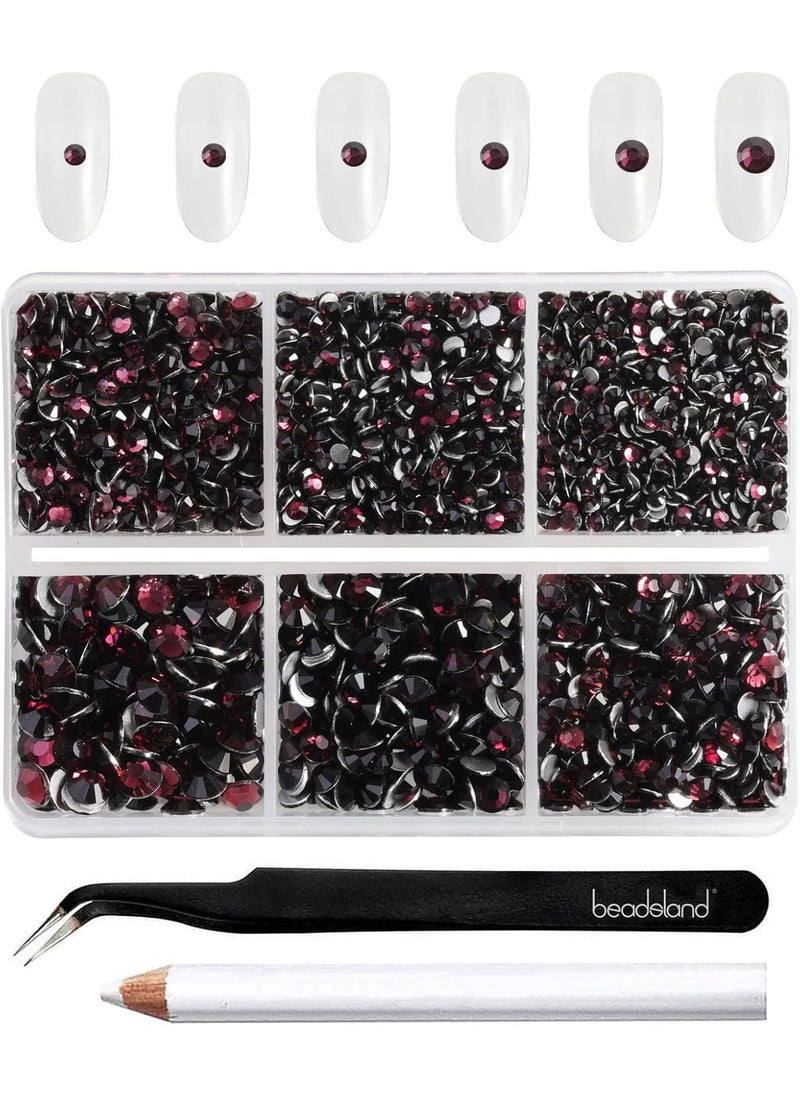 Beadsland 4300pcs Flatback Burgundy Nail Gems Round Crystal Rhinestones for Crafts, Mixed 6 Sizes with Picking Tweezers and Wax Pencil Kit, SS6-SS20, Amethyst
