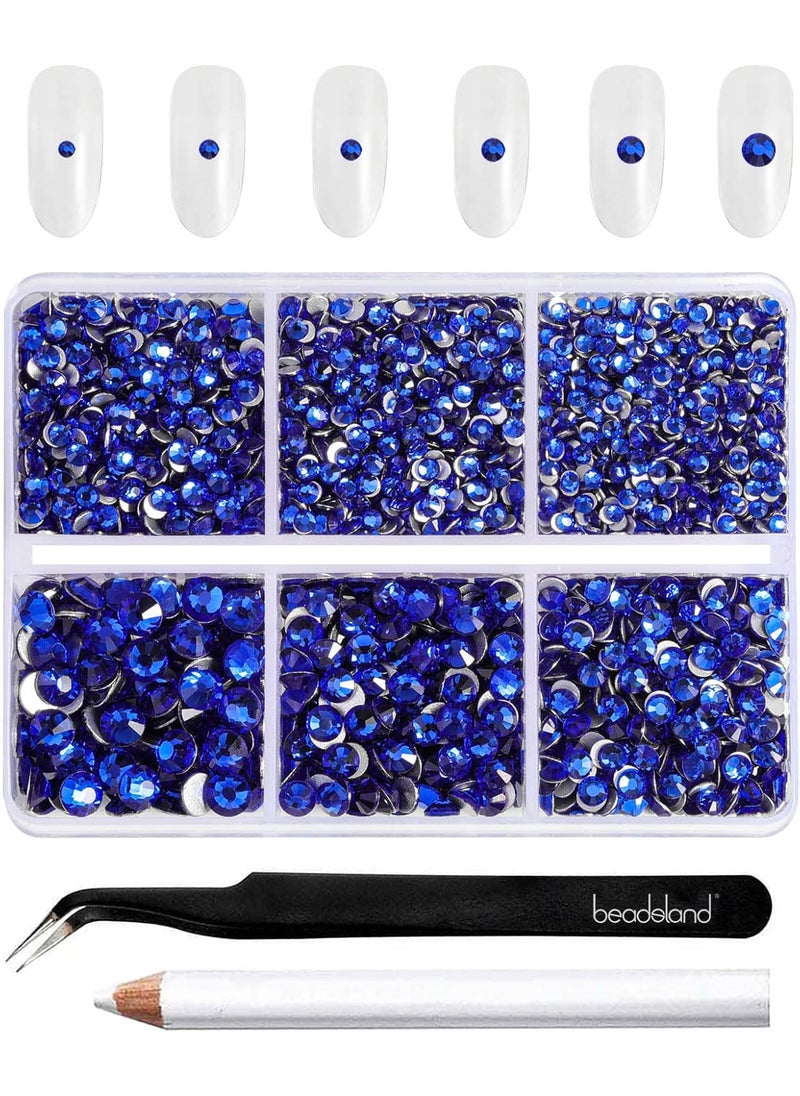 Beadsland 4300pcs Flatback Rhinestones,Royal Blue Rhinestones Nail Gems Round Crystal Rhinestones for Crafts,Mixed 6 Sizes with Picking Tweezers and Wax Pencil Kit, SS6-SS20,Sapphire