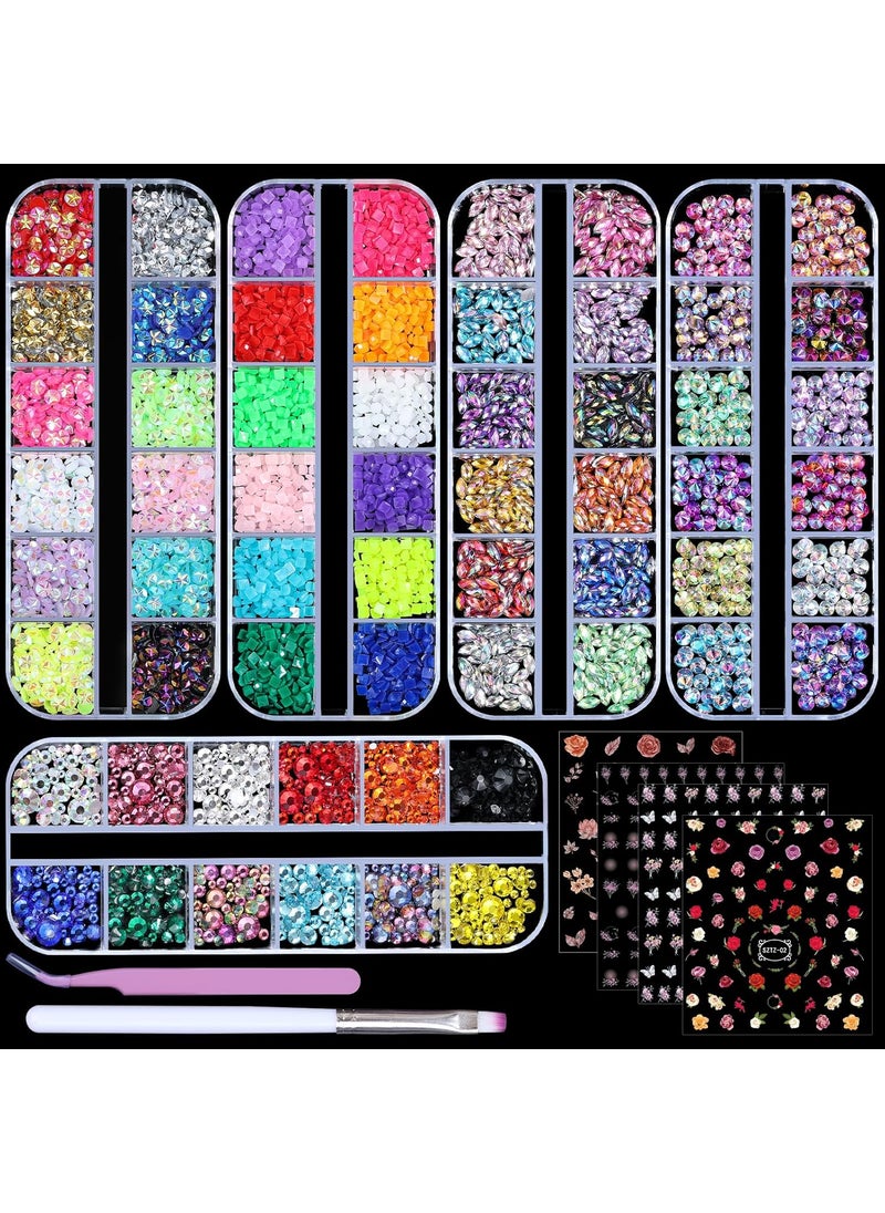 5 Boxes Shiny Colorful Nail Art Rhinestones Nail Stone Gems Design Kit and 4 Sheets Flower Nail Art Stickers with a Curved Tweezers and a Nail Brush (8-Rhinestones kit-4)
