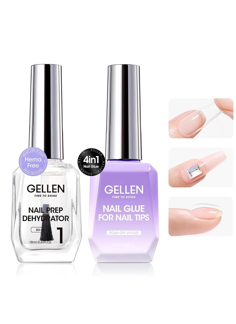 Gellen Nail Glue Gel and Nail Prep Dehydrator Gel Nail Kit, 4 in 1 Soak Off LED UV Nail Glue for False Nails, Acrylic Nails, Clear Press on Nails, Extend Gel for Nails, Long Lasting for 28+ Days
