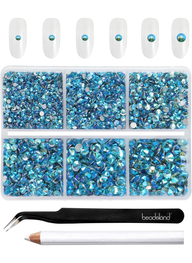 Beadsland 4300pcs Flatback Rhinestones,Blue Rhinestones Nail Gems Round Crystal Rhinestones for Crafts,Mixed 6 Sizes with Picking Tweezers and Wax Pencil Kit, SS6-SS20,Aquamarine AB