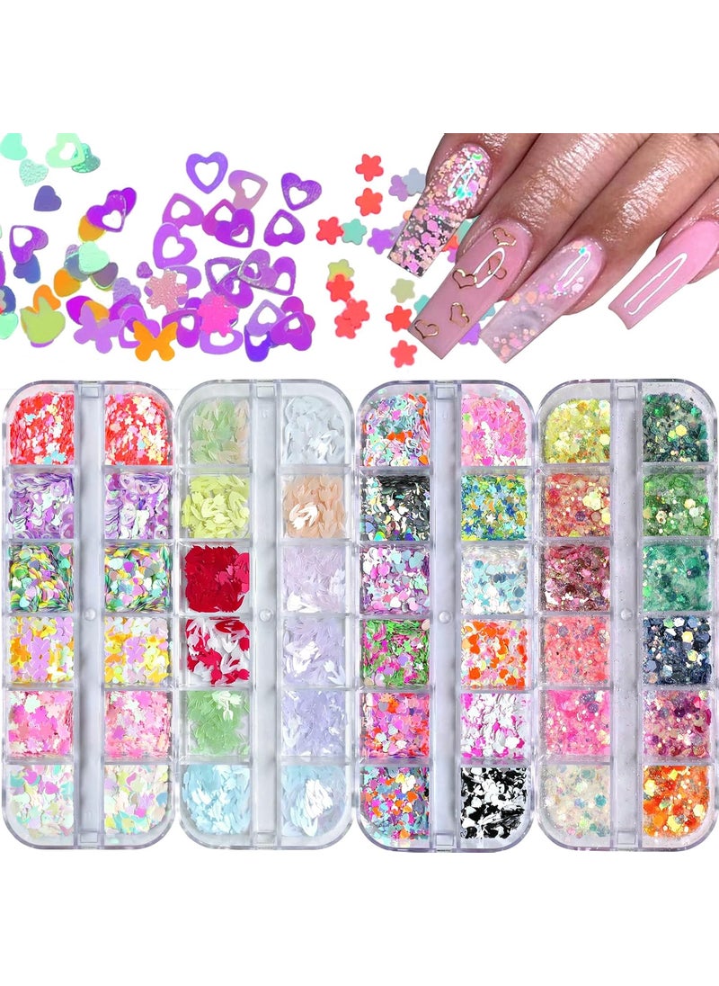 AddFavor 4 Boxes Nail Glitter Luminous Mermaid Chunky Glitter Flakes Fluorescent Mixed Shaped Flower Heart Star Nail Sequins Decals for Nail Art/False Eyelash Decor