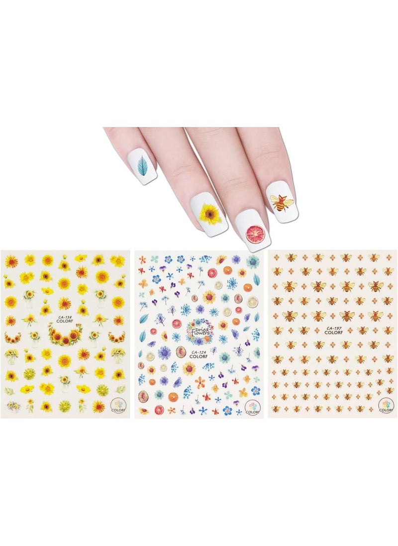 ALLYDREW 3 Sheets Buzzing Nature Nail Art Bees & Sunflowers Nail Stickers