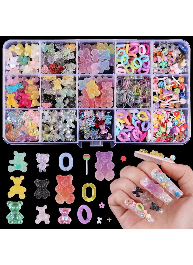 300PCS Kawaii Colorful Resin Acrylic 3D Gummy Bear Multi-Sized Heart Star Nail Charms with Snowflake Heart Star Slice (Multicolor6)