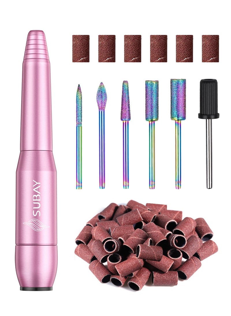 Subay Electric Nail Drill, Portable Electric Nail File for Acrylic Gel Nails, Nail Drill Kit Manicure Pedicure Tool with 6 Nail Drill Bits and 26 Sanding Bands for Home and Salon Use - Pink