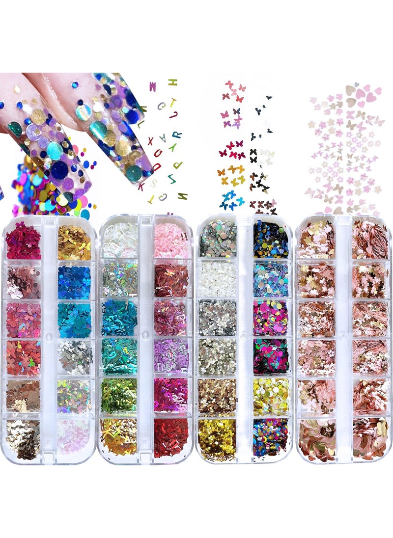 AddFavor 4 Boxes Nail Glitter Sequins Kit Mixed Shape Holographic Butterfly Flower Round Heart Nail Art Flakes for Women Body/Face/Hair/Acrylic Nails Decoration Designs Accessories