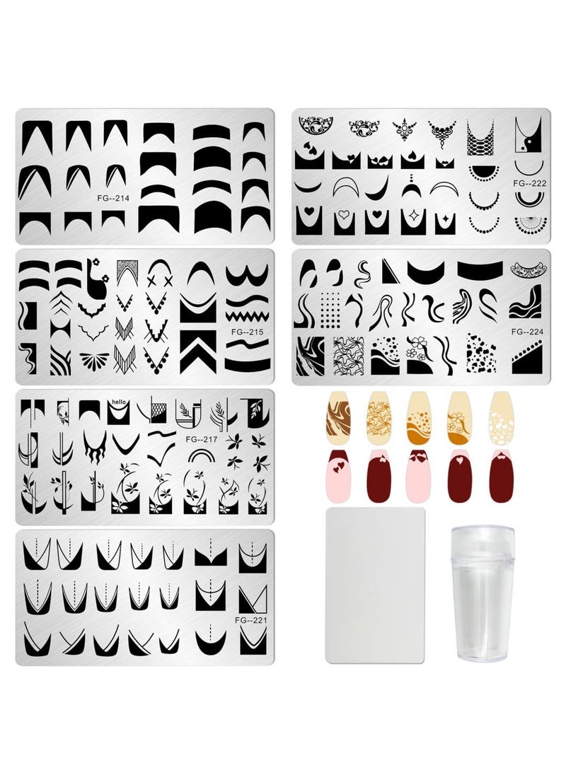AddFavor 6pcs Nail Stamper Kit French Nail Stamping Plate Heart Geometric Image Nail Stencils with Silicone Nail Stamp and Scraper for Women Nail Design Tools