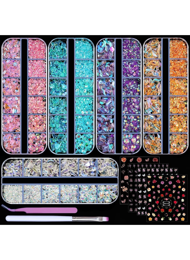 5 Boxes Shiny Colorful Nail Art Rhinestones Nail Stone Gems Design Kit and 4 Sheets Flower Nail Art Stickers with a Curved Tweezers and a Nail Brush (5-Multi Shapes Rhinestones)